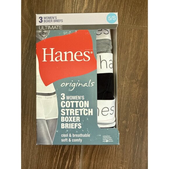Hanes Women's Cotton Boxer Briefs 3 pairs, size small, size 5, grey, Blk, stripe - Picture 1 of 3